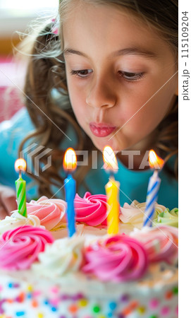 Young Girl Blowing Out Birthday Candles on Colorful Cake. Joyful Celebration. 115109204