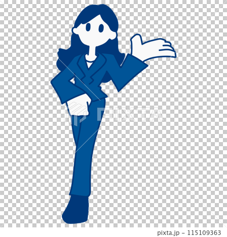 Illustration of a young woman in a suit giving directions 115109363