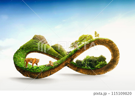3d illustration of infinity environment concept. infinite earth land with green grass isolated on blue sky background. Eco and circular economy concept. wildlife protection, Wildlife Conservation Day. 3d illustration of infinity environment concept. infinite earth land with green grass isolated on blue sky background. Eco and circular economy concept. wildlife protection, Wildlife Conservation Day. 115109820