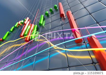 3D chart with a falling trend. Candlestick chart with indicators. Concept of trade, technology, investment and analysis. 115109871