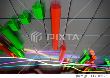 3D chart with a falling trend. Candlestick chart with indicators. Concept of trade, technology, investment and analysis. 3D chart with a falling trend. Candlestick chart with indicators. Concept of trade, technology, investment and analysis. 115109872