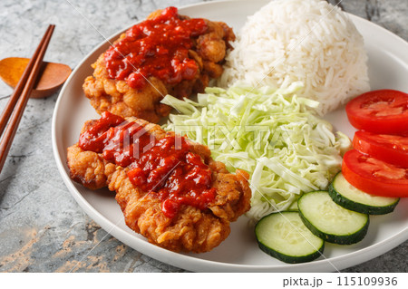 Ayam geprek Crispy Chicken Smashed in Sambal served with white rice, cucumber, tomato and cabbage closeup on the plate. Horizontal Ayam geprek Crispy Chicken Smashed in Sambal served with white rice, cucumber, tomato and cabbage closeup on the plate. Horizontal 115109936