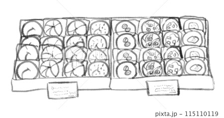 ベーグルが沢山ディスプレイされた手描き線画イラスト ベーグルが沢山ディスプレイされた手描き線画イラスト 115110119