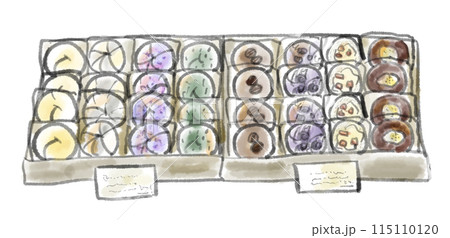 ベーグルが沢山ディスプレイされた手描きカラーイラスト ベーグルが沢山ディスプレイされた手描きカラーイラスト 115110120