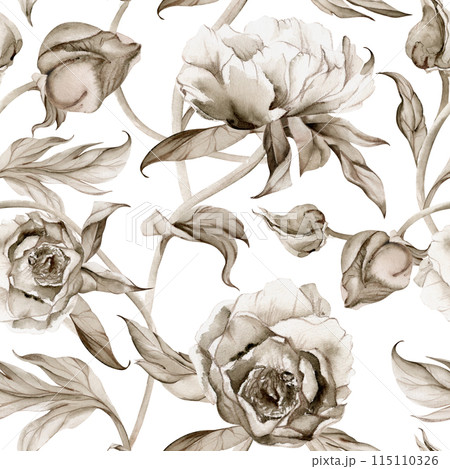Hand drawn watercolor grisaille monochrome peony tulip ranunculus flowers, buds and leaves. Seamless pattern isolated on white background. Invitations, wedding, wallpaper, floral shop, print, textile Hand drawn watercolor grisaille monochrome peony tulip ranunculus flowers, buds and leaves. Seamless pattern isolated on white background. Invitations, wedding, wallpaper, floral shop, print, textile 115110326