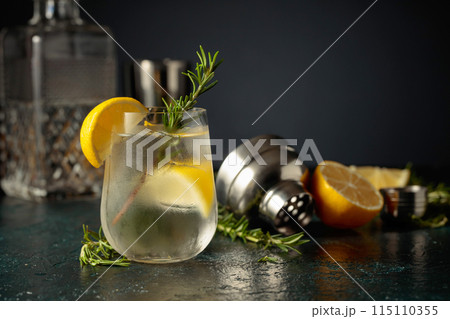 Cocktail gin tonic with natural ice, lemon, and rosemary. 115110355
