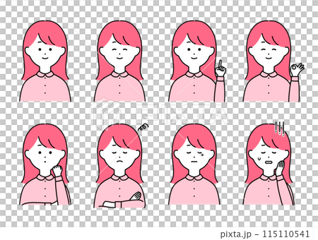シンプルな女性の表情・ポーズセットイラスト シンプルな女性の表情・ポーズセットイラスト 115110541