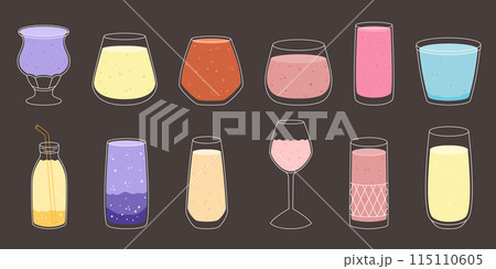 Vector illustration of glass drinkware in various shapes with white outline and flat color liquids. Ideal for summer lemonade or cocktail designs, perfect for packaging, menus, and decor 115110605