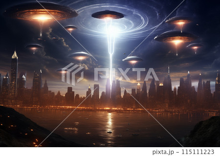 an alien invasion with massive extraterrestrial spacecraft hovering over a city skyline by Generative AI 115111223