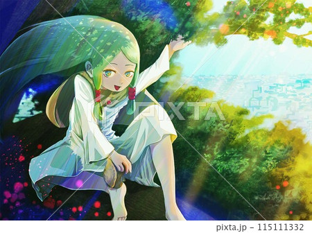 木の上に座って微笑む怪しげな少年のイラスト 木の上に座って微笑む怪しげな少年のイラスト 115111332