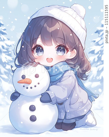 可愛い女の子と雪だるまのちびキャラ AIのイラスト素材 [115111595