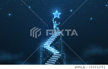 Man on the top of stair reach star. Achieve dream, Career growth, Reach goal, Success ladder 115111751