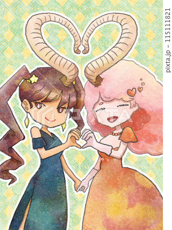 角でハートを作る双子の女の子のイラスト 115111821