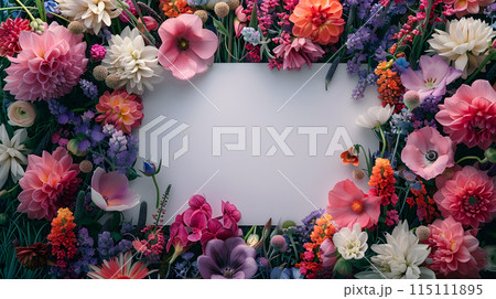 White card amidst colorful flowers in creative flower arrangement White card amidst colorful flowers in creative flower arrangement 115111895