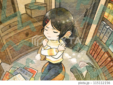 部屋の中央で自分の肩を抱いて椅子に座る女性のイラスト 部屋の中央で自分の肩を抱いて椅子に座る女性のイラスト 115112156