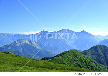 朝の乗鞍大黒岳から見た槍、穂高岳(撮影地:乗鞍、大黒岳) 朝の乗鞍大黒岳から見た槍、穂高岳(撮影地:乗鞍、大黒岳) 115112506