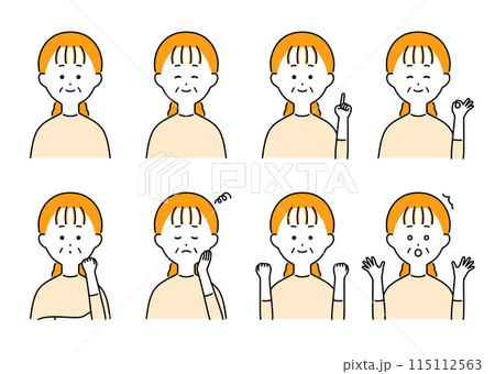 中年女性の表情・ポーズセットイラスト 115112563