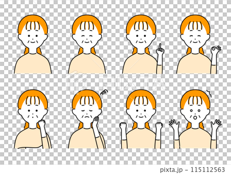 中年女性の表情・ポーズセットイラスト 115112563