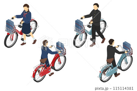 アイソメトリックイラスト：自転車を押す男女の中学生 115114381