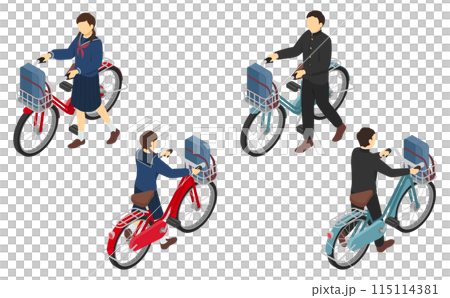 Isometric illustration: Male and female junior high school students pushing bicycles 115114381