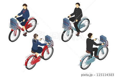 アイソメトリックイラスト:自転車に乗る男女の中学生 アイソメトリックイラスト:自転車に乗る男女の中学生 115114383