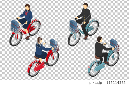 アイソメトリックイラスト:自転車に乗る男女の中学生 アイソメトリックイラスト:自転車に乗る男女の中学生 115114383