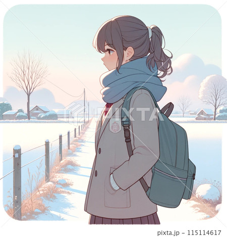 物憂げな女子高校生が冬の街を散歩しているイラスト 物憂げな女子高校生が冬の街を散歩しているイラスト 115114617