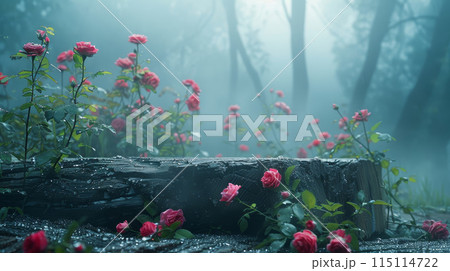 A log with a bunch of red roses on it. The roses are wet and the log is covered in rain A log with a bunch of red roses on it. The roses are wet and the log is covered in rain 115114722