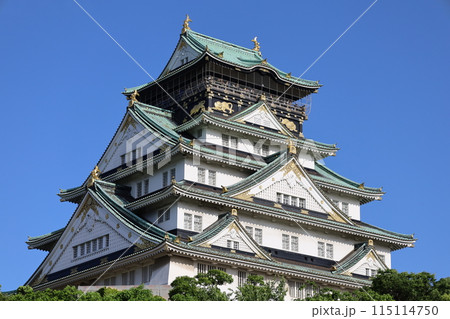 大阪城公園、タワマンのラウンジから望む新緑の大阪城、初夏、夏、春、大阪城、大坂観光、晴天の大阪城 115114750