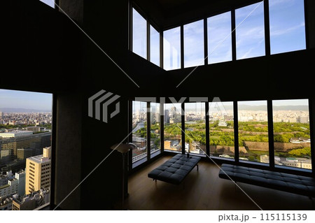 大阪城、春、夏、初夏、秋、タワマンのラウンジから望む新緑の大阪城、大阪城公園、大阪観光、関西観光 115115139