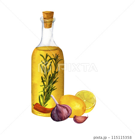 Set of bottles of flavored olive oil with spices, herbs, hot chili pepper, garlic, lemon, thyme and rosemary isolated on white background. Set of bottles of flavored olive oil with spices, herbs, hot chili pepper, garlic, lemon, thyme and rosemary isolated on white background. 115115358