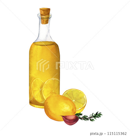 Set of bottles of flavored olive oil with spices, herbs, hot chili pepper, garlic, lemon, thyme and rosemary isolated on white background. 115115362