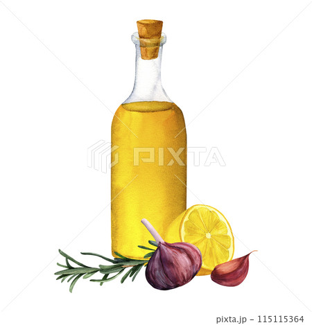 Set of bottles of flavored olive oil with spices, herbs, hot chili pepper, garlic, lemon, thyme and rosemary isolated on white background. 115115364