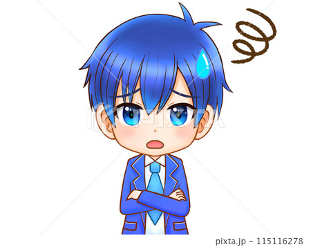 腕組して悩む青髪男子高校生のちびキャライラスト素材のイラスト素材