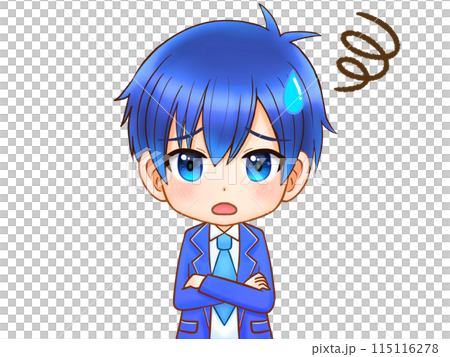 腕組して悩む青髪男子高校生のちびキャライラスト素材のイラスト素材