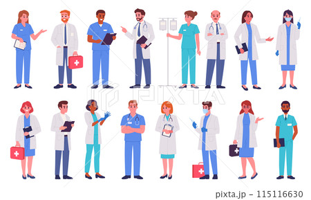 Doctors and nurses. Medical clinic workers, doctor, paramedic and nurse, hospital professional staff, therapist and anesthesiologist flat vector illustration set. Healthcare and medicine characters 115116630