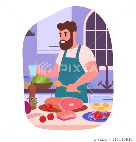 Male character preparing food at home. Man cooking at home, homemade meal preparation flat vector illustration. Guy cooking tasty dishes 115116639