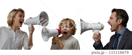 A woman, a child of about 5 years old and a man in business clothes are holding a megaphone and shouting. Concept of conflict. Set of people with megaphones 115116679