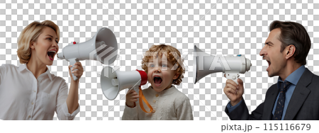 A woman, a child of about 5 years old and a man in business clothes are holding a megaphone and shouting. Concept of conflict. Set of people with megaphones 115116679