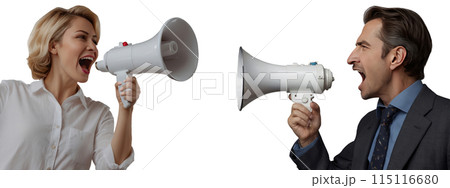 Young woman and man with business attire holding a megaphone and yelling. Concept of conflict 115116680