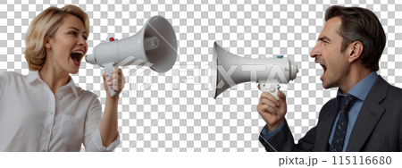 Young woman and man with business attire holding a megaphone and yelling. Concept of conflict 115116680