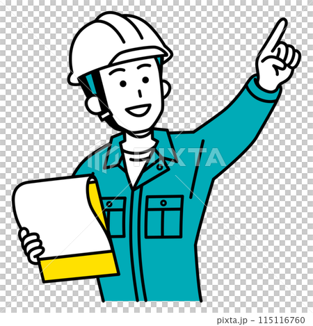 A male worker holding a document and pointing into the distance 115116760