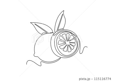 Single continuous line drawing whole and sliced healthy organic lemon for orchard logo identity. Fresh zest fruitage concept for fruit garden icon. Dynamic one line graphic design vector illustration 115116774