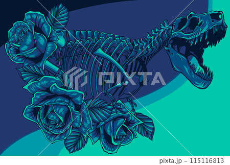 Vector Illustration of skeleton of Dinosaur Tyrannosaurus Rex with roses and leaves 115116813