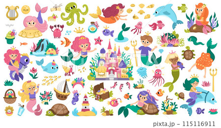 Vector mermaids set. Underwater kingdom collection with princess, fish, castle, seaweeds, animals treasure, tortoise. Cartoon marine fairytale characters for kids. Water adventures clipart 115116911