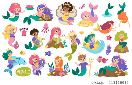 Vector mermaids set. Underwater kingdom collection with ocean princess, prince. Cartoon marine fairytale characters for kids. Water adventures clipart with sirens swimming, sitting on rock Vector mermaids set. Underwater kingdom collection with ocean princess, prince. Cartoon marine fairytale characters for kids. Water adventures clipart with sirens swimming, sitting on rock 115116912
