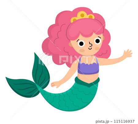 Fairy tale vector mermaid with pink hair. Fantasy fish girl isolated on white background. Fairytale sea princess. Treasure island, pirate, underwater adventure icon. Cute girlish siren character Fairy tale vector mermaid with pink hair. Fantasy fish girl isolated on white background. Fairytale sea princess. Treasure island, pirate, underwater adventure icon. Cute girlish siren character 115116937