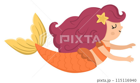 Fairy tale vector swimming mermaid with red hair. Fantasy fish girl isolated on white background. Fairytale sea princess. Treasure island, underwater adventure icon. Cute siren character Fairy tale vector swimming mermaid with red hair. Fantasy fish girl isolated on white background. Fairytale sea princess. Treasure island, underwater adventure icon. Cute siren character 115116940