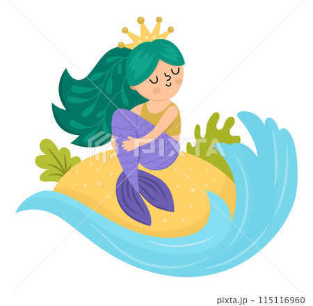 Fairy tale vector mermaid sitting on a sand, lapped by water wave. Fantasy fish girl isolated on white background. Fairytale sea princess. Cute siren character. Underwater adventure icon 115116960