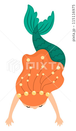 Fairy tale vector top view swimming mermaid with red hair. Fantasy fish girl isolated on white background. Fairytale sea princess. Underwater adventure icon. Cute siren character Fairy tale vector top view swimming mermaid with red hair. Fantasy fish girl isolated on white background. Fairytale sea princess. Underwater adventure icon. Cute siren character 115116975